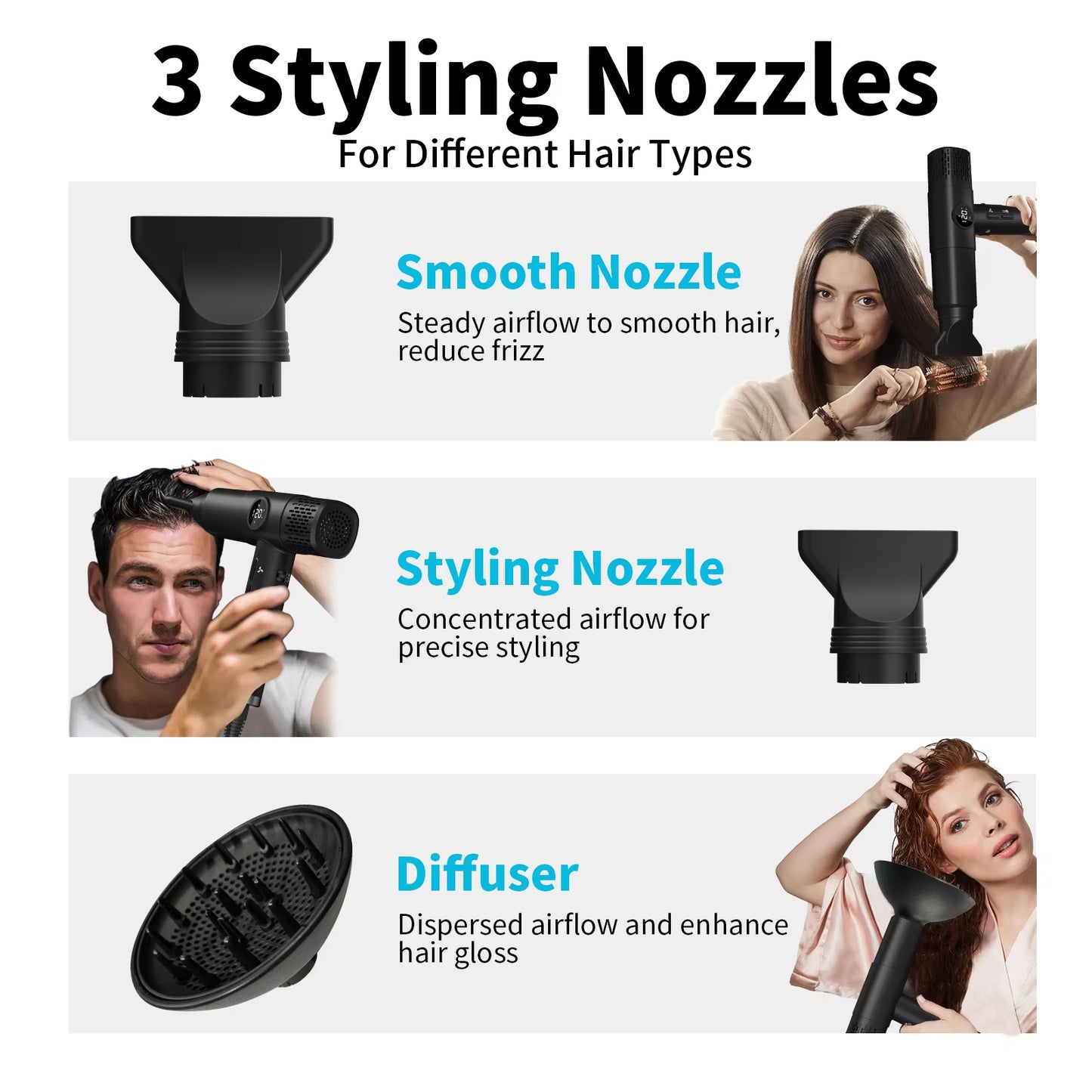 1800W 110000 RPM High-Speed Brushless Motor Hair Dryer – Mini Travel Size, Millions of Negative Ions & 3 Styling Nozzles