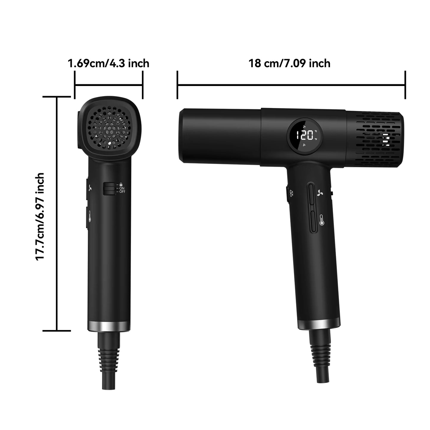 1800W 110000 RPM High-Speed Brushless Motor Hair Dryer – Mini Travel Size, Millions of Negative Ions & 3 Styling Nozzles