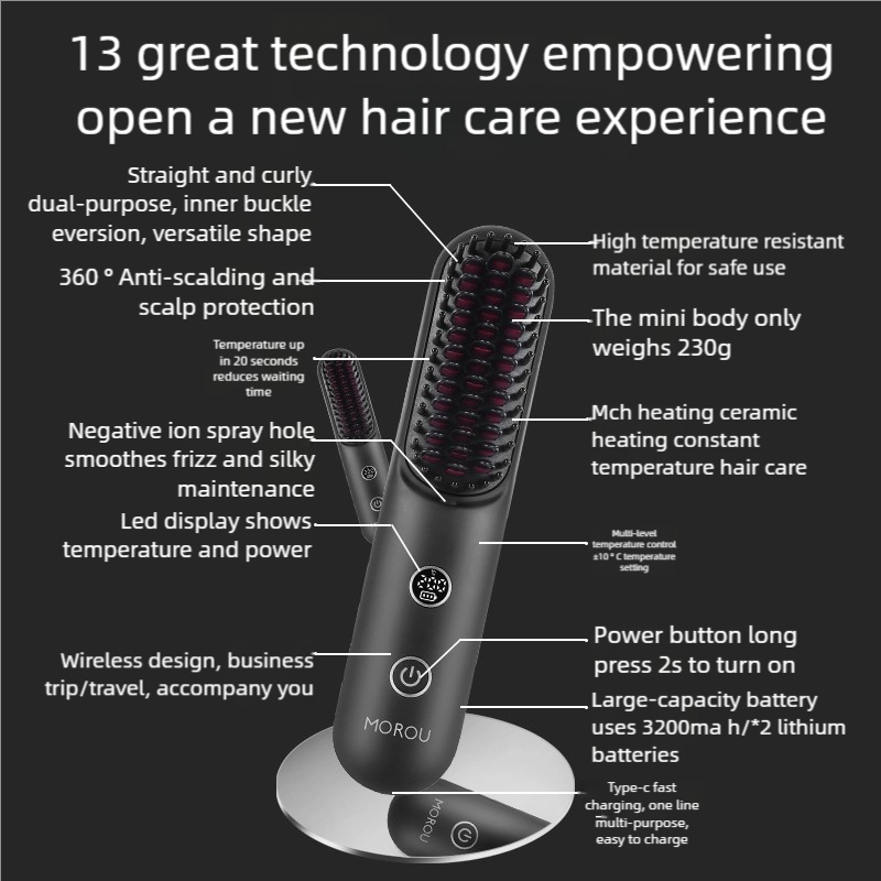 Portable 230g Wireless Hair Straightener Comb – Type-C Fast Charge, LED Display & Travel-Friendly