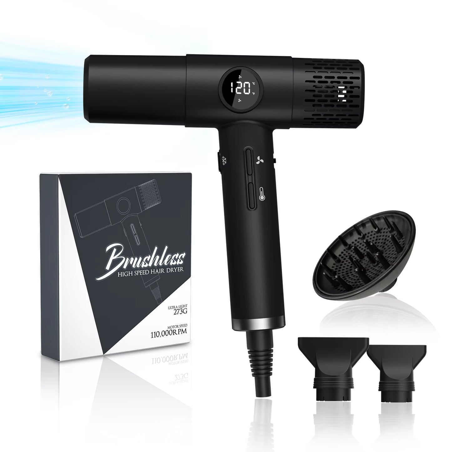 1800W 110000 RPM High-Speed Brushless Motor Hair Dryer – Mini Travel Size, Millions of Negative Ions & 3 Styling Nozzles