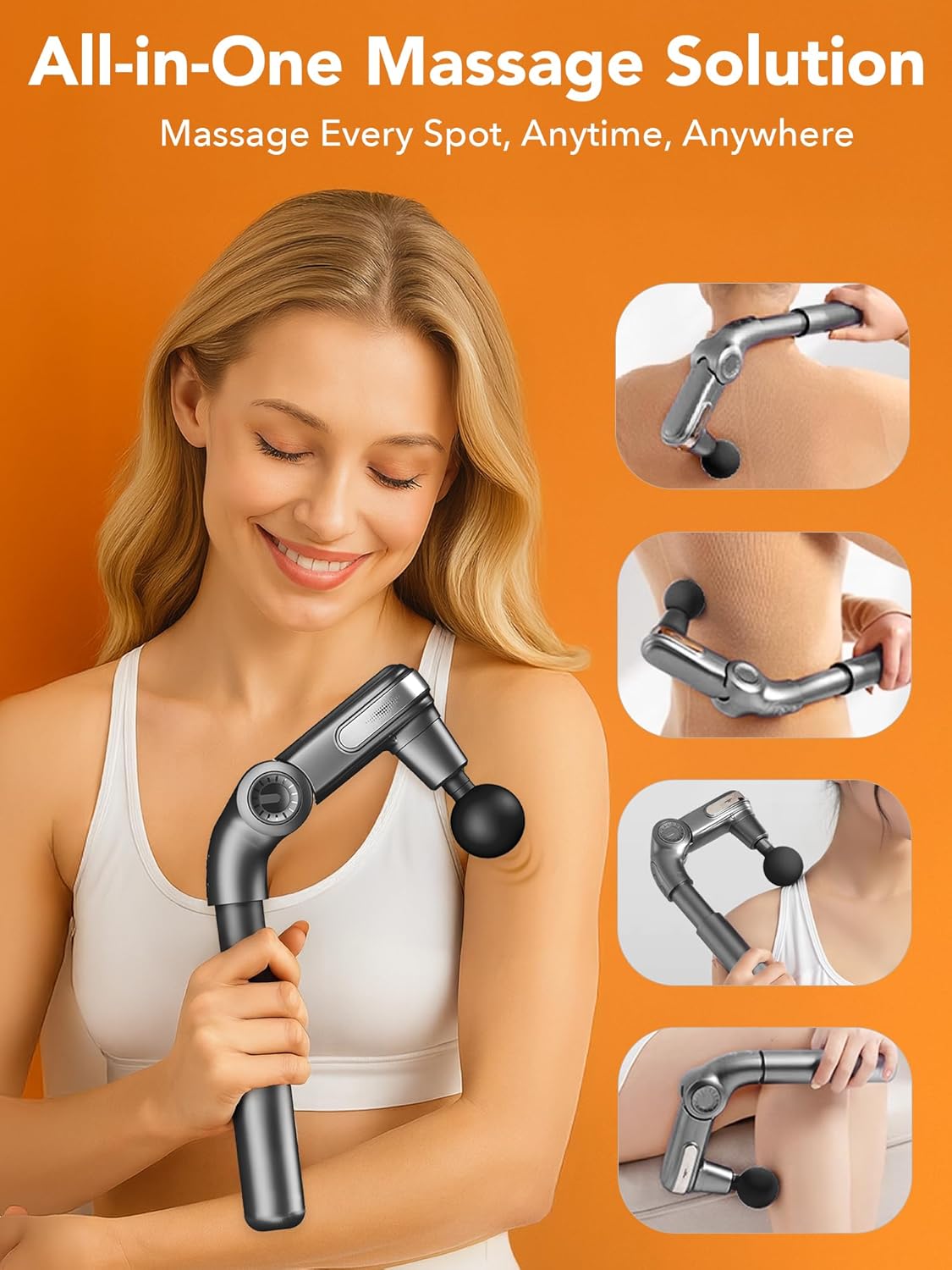 Foldable Adjustable Angle Massage Gun – 3000RPM 10mm Deep Tissue, Extendable Handle & 4 Heads