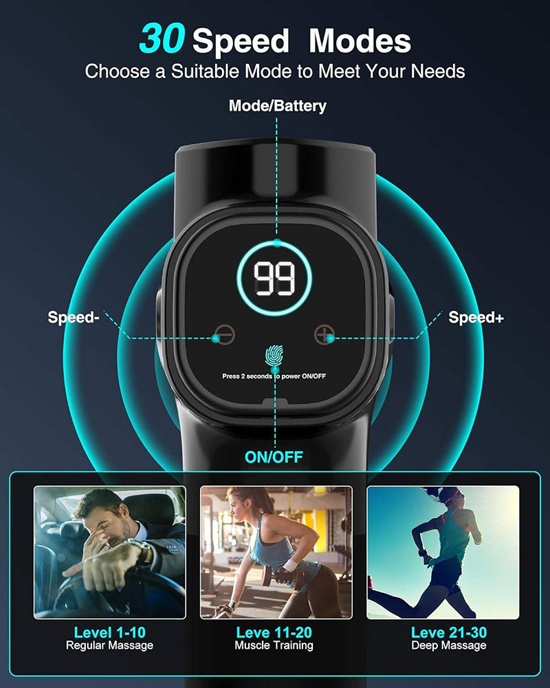 30 Speed Modes Massage Gun – 6 Professional Heads, LCD Display & Deep Tissue Muscle Relief